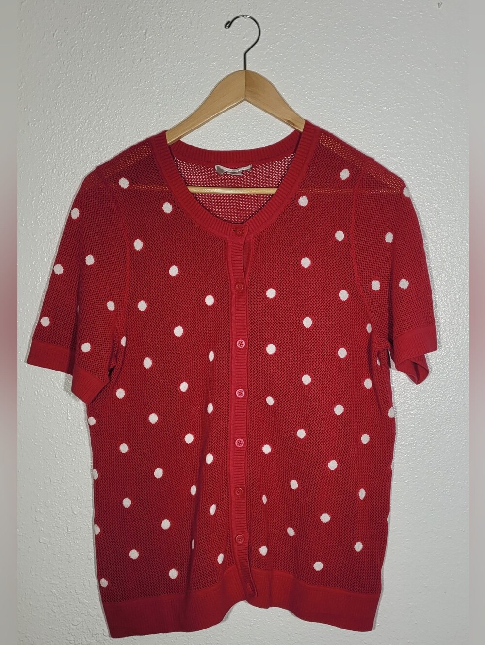 CJ BANKS Red White Polka Dot Cardigan Sweater 1X Button Up 100% Cotton Womens